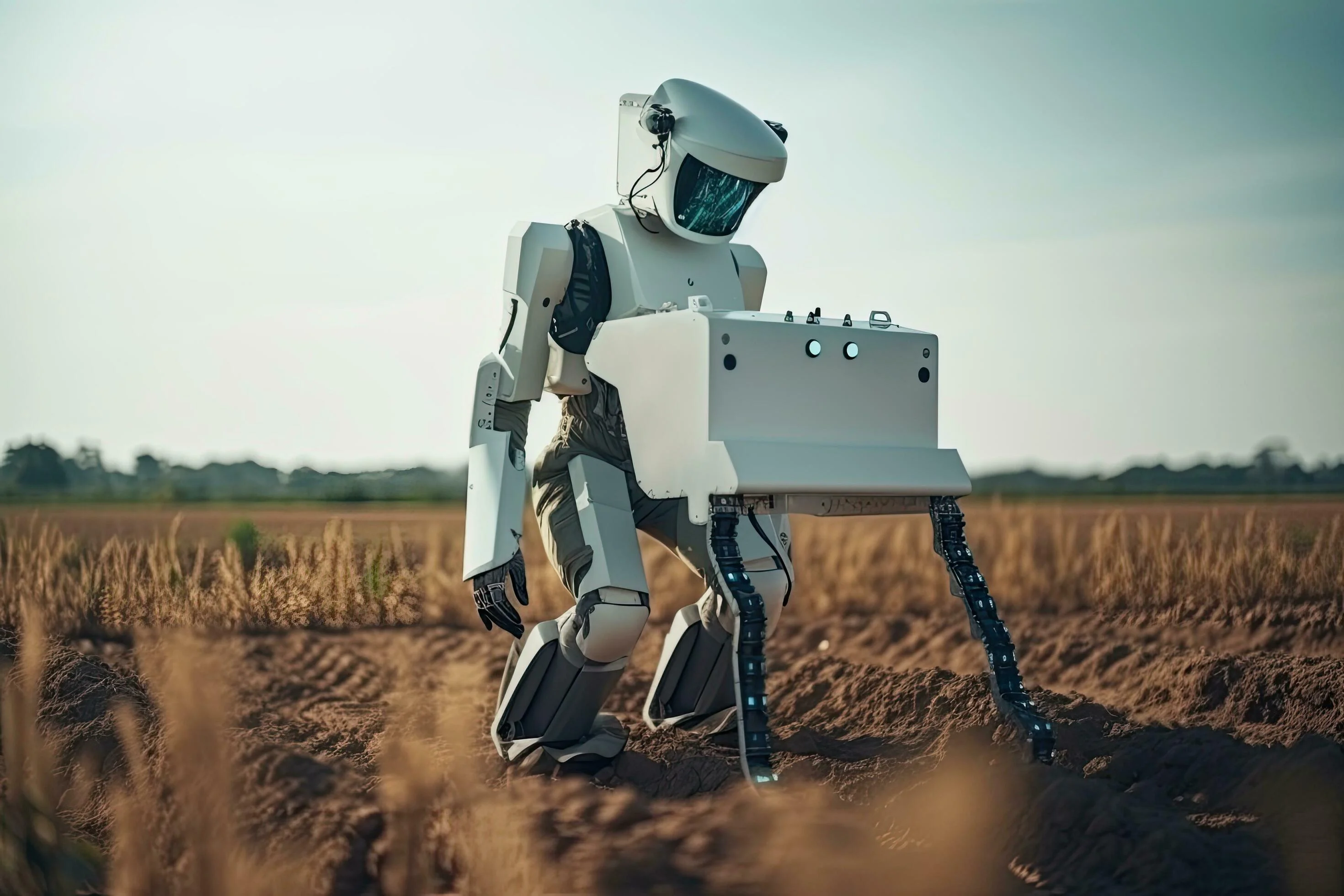 An anthropomorphic robot in a field. Few real robots will look like this.